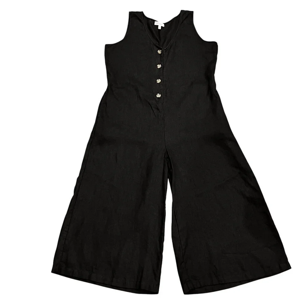 Neiman Marcus Sleeveless Linen Wide Leg Cropped Jumpsuit, Black, L